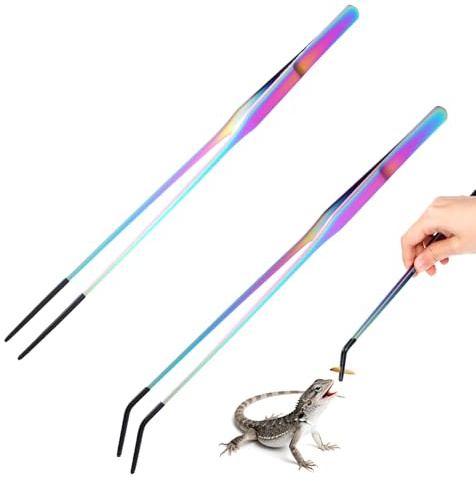 2 Pcs Stainless Steel Reptile Feeding Tongs with Rubber Tip, Aquarium Tweezers, Straight Curved Tweezers, Feeder Tools for Bearded Dragon, Lizards, Terrarium Supplies (10.6 Inch, Color)