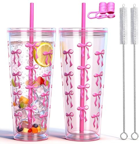 CuppaLifes 710ml Reusable Tumbler with Straw and Lid, 2 Pack Insulated Cup for Iced Coffee, Hot/Cold Drink, Plastic Travel Mug for Office, Travel, Camping, Beach, Outdoor (2, Rose)