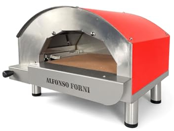 Forno pizza a legna da esterno Alfonsino – Forno pizza in acciaio inox AISI 304 con piano biscotto refrattario 40x40 cm, 500°C, cottura diretta a fiamma viva, tetto rosso