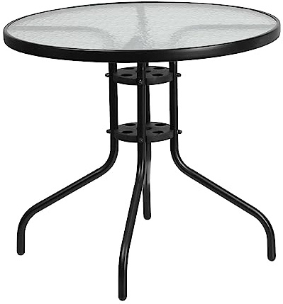 Flash Furniture 31.5RD-Mesa de Cristal para Patio, Aleación de Vidrio de plástico y Acero, Transparente y Negro, 31.5 Round