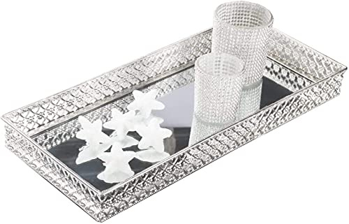 DRULINE Spiegeltablett Kerzentablett aus Metall und Spiegelglas in Silber 5 cm x 40 cm x 18 cm