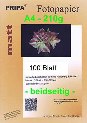 pripa 100 Blatt InkJet Fotopapier - matt beidseitig beschichtet - ohne Glanz -DIN A4-210x297-210g - Tintenstrahldrucker