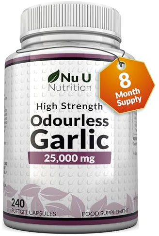 Garlic Capsules 25,000 mg - 240 Softgel Capsules - 8 Month Supply - High Strength Garlic Supplement - Extract from Allium Sativum - 1.5 mg of Allicin - Made in The UK - Nu U Nutrition