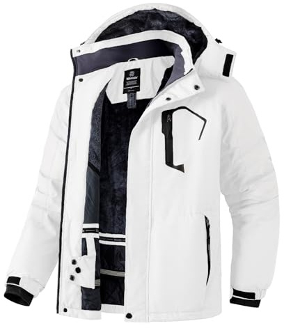 Wantdo Herren Berg Ski Jacke Warmer Winter Fleece Mantel Wasserdichter Atmungsaktive Jacke Outdoor Kapuzen Windbreaker Jacken Weiß XL