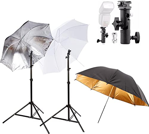 Fotografie Regenschirm Kit mit 2 x Lichtstand Blitzhalter Halterung Halterung Stand Kit 33 Weicher weißer silberner Regenschirm 43 Gold Reflektierender Regenschirm für Videostudio Fotoshooting