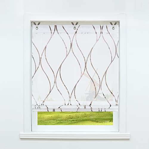 CORLIF Raffrollo mit Ösen Gardinen Küche Raffgardinen Transparent Ösenrollo Vorhänge Mit Wellen-Druck Modern Voile Braun BxH 80x130cm 1 Stück