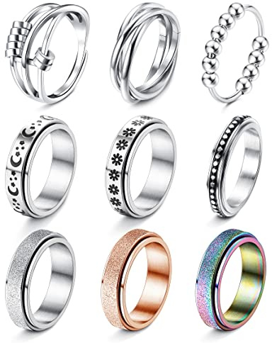 FIASASO 9 Stück Fidget-Ringe für Angstzustände, Edelstahl, Spinnerring, Anti-Angst-Ring, drehender Mond, Stern, Blume, Perlen, Stressabbau, Ringe für Damen, Herren, Teenager