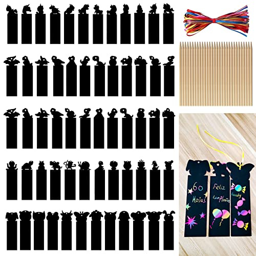 Dreamark Personalisierte Kratzbilder für Kinder - 60 Pcs Scratch Lesezeichen mit 30 Holzstift und 60 Bändern für Kindergeburtstag Mitgebsel DIY Geschenkanhänger Bastelbedarf