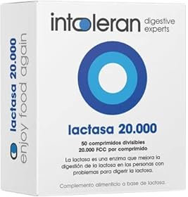Intoleran Pastillas de Lactasa 20.000 FCC - Intolerancia a la lactosa muy alta - Tratamiento bajo demanda - para Digestión de la Leche, Queso - Cápsulas de Enzimas Digestivas - 50 Tabletas divisibles