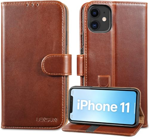 LENSUN Echtleder Handyhülle für iPhone 11, Dunkelbraun | Echtes Leder Schutzhülle, RFID Schutz, Walletfach, Standfunktion Handytasche, Lederhülle