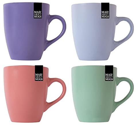 YöL Set Of 4 Coupe Stoneware Mugs - Blue Green Pink Purple Tea Coffee Cups Latte Brew Home Kitchen Office Stylish - 325ml Mug Set