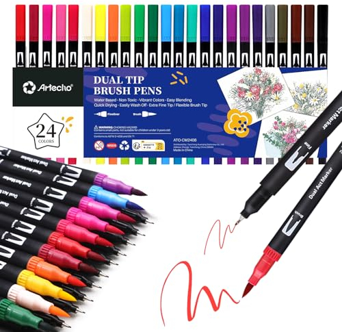 Artecho Dual Brush Pen Set 24 Farben, Filzstifte Dicke und Dünne, Pinselstifte set, Stifte für Bullet journal, Kalligraphie, Manga, Malbücher und Handlettering