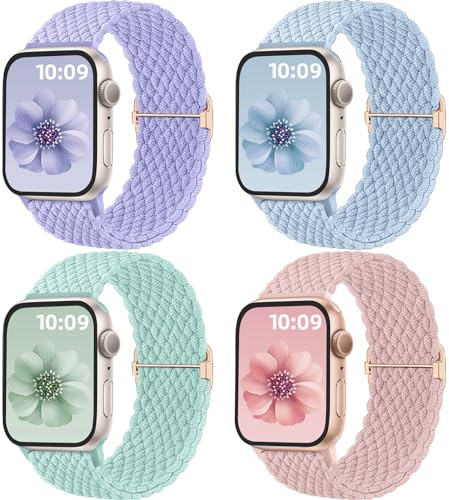 Mastten 4-pack Solo Loop flätade remmar kompatibla med Apple Watch-remmar 42 mm 41 mm 40 mm 38 mm 44 mm 45 mm 46 mm 49 mm kvinnor män, stretchig rem elastiskt sportband för iWatch SE 10 9 8 7 6 5 4 3