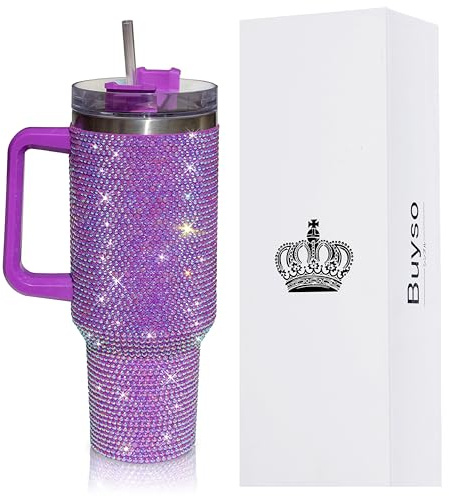 Buyso 1180 ml Bling Tumbler Mit Griff, Strass-Tumbler Mit Deckel Und Strohhalm, Fix Für Autobecherhalter, Isolierter Edelstahl-Doppelwandiger Wasserbecher, Reisebecher, Tumblr Für Frauen (1180 ml