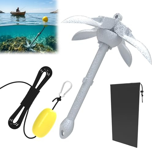 ACXIN Faltanker 1.5kg Boot Anker Set mit 10m Seil Kajak Anker Klappanker Verzinkt für SUP Kanu Schlauchboot Bootsanker mit Boje Karabiner Tasche Stabil Stark