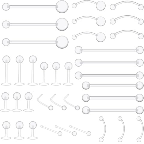 Lusofie 36Pcs Clear Piercing Retainer Plastic Nose Rings Navel Belly Button Ring Lip Labret Eyebrow Tongue Barbells Cartilage Tragus Clear Piercing Jewelry for Surgery