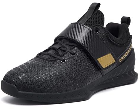Osterland Gewichtheber-Schuhe: Hochleistungsschuhe für Fitnessstudio, Powerlifting, speziell für schweres Heben, Kreuzheben, Krafttraining, Kniebeugen Schuhe für Männer und Frauen, Schwarz/Gold, 12.5