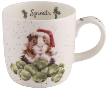 Wrendale Designs Porzellan-Becher Weihnachts-Meerschweinchen ca. 310ml Tasse mit Rosenkohl-Nikolaus-Mütze Meerschwein der britischen Künstlerin Hannah Dale Fine Bone China Festtags-Geschirr Geschenk