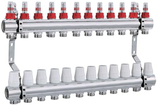 AQUA HEATING Heizkreisverteiler für Fußbodenheizung 12 Heizkreise 1 Zoll 10 Bar Bodenheizung-Verteiler Messing Vernickelt