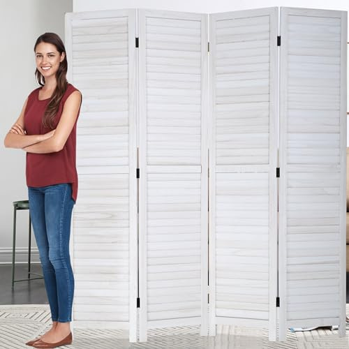 4 Panel Room Divider, Partition Room Dividers with Non-Slip Silicone Mat, 5.58 Ft Folding Screens Two-Way Hinge, Folding Privacy Room Divider for Home Office Restaurant Bedroom, Wooden Screen - White