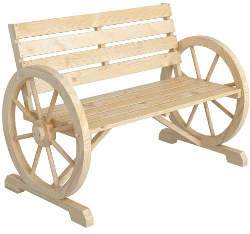 Outsunny 2-Sitzer Gartenbank Holz wetterfest Sitzbank Rädernform Naturholz | Gartenmöbel mit Rücken, Armlehnen, verstärkte Boden, Parkbank bis 240kg, Holzbank für Balkon Garten Terrasse 105,5x56x79cm