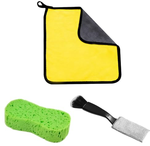 DHWEKU 3 Pz Kit Pulizia Auto Interni, Panni Microfibra e Spugna,Pennelli Detailing,Spazzola per La Pulizia del Sedile del Cruscotto dell'Aria,per Sedili,Pelle,Dettaglio Interni-Nero