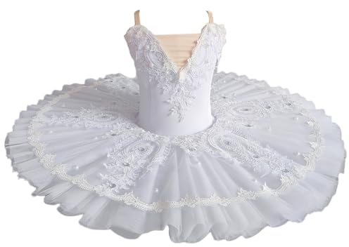 Xytraiihw 2024 Weißes Professionelles Ballett-Tutu, Ballett-Tanz-Wettbewerbskostüm Für Mädchen Platter Pancake Tutu Ballerina-Partykleid,Weiß,140
