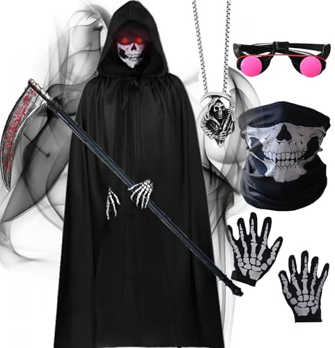 HarnyLoom Déguisement Faucheuse Enfant Adulte Scream Cape Faux Faucille Costume Grim Reaper Hooded Robe Garçon Couvre-chef de Squelettes Gants Lunettes Halloween (170 (170~185 cm))