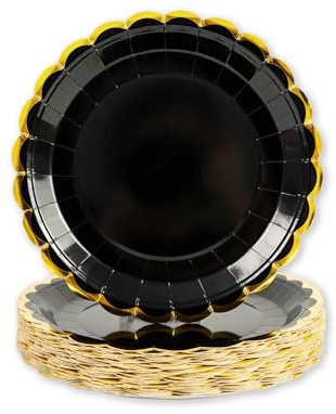 Einwegteller, gekröpft, 18 cm, schwarz, Pappteller, Geburtstag, Grill, Party, Babyparty, Hochzeiten (Gold, Schwarz)