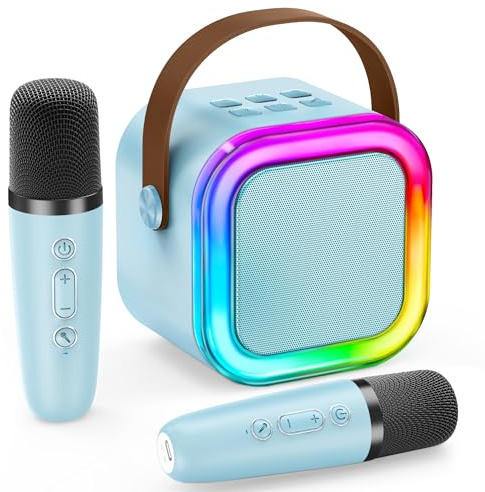 Micro Karaoke Enfant IROO Karaoke Enfant avec 2 Microphones, Microphone pour Filles Cadeaux pour Enfants Enceinte Bluetooth Portable avec Effets de Changeur de Voix et Lumières LED (Bleu)
