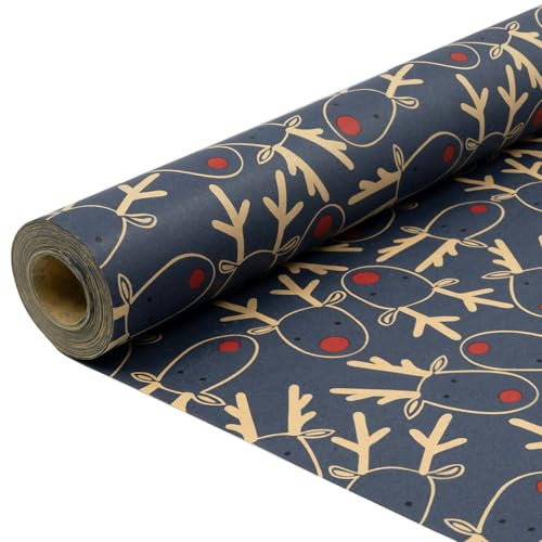 Gift Wrapping Paper Roll for Christmas: Blue Kraft Wrapping Paper Festive Elk Pattern 15M x 43cm for Christmas Party Decoration