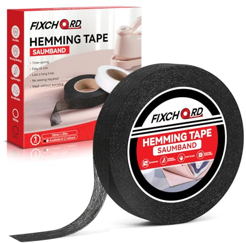 FIXCHORD Saumband, Saumband zum Aufbügeln, Bügelband zum Aufbügeln, Bügelband zum Kürzen für Vorhänge, Bügelkleber für Textilien, Gardinen kürzen ohne Nähen (Schwarz, 30m x 20mm)
