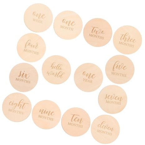BESTonZON 14 Stück Babyparty Holzscheiben und Doppelseitige Karten Beige Foto Requisiten für Showers und Neugeborenenfotos