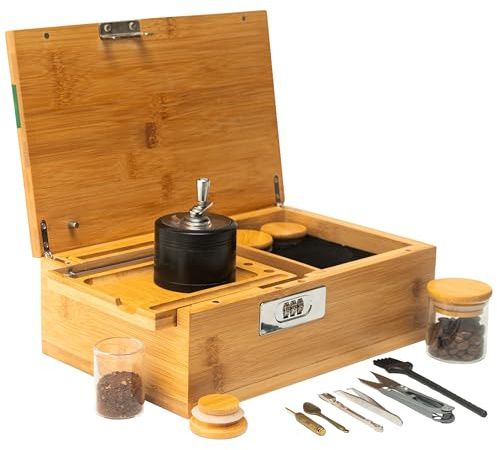 ALTA VIBES Premium Large Bamboo Storage Box - With Lock, Smell Proof Jars, Tray, Decorative Wooden Organizer, 4 Smell Proof Glass Jars & Accessories (Green)
