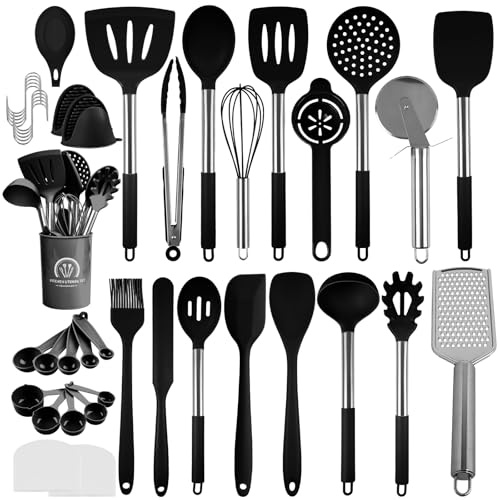 Hengsong Küchenutensilien,45 Küchenhelfer Set mit Pfannenwender,Silikonlöffel,Küchenschaber,für Koch Zubehör&Kochbesteck Set&Koch Geschenke&Kochutensilien Set,Silikon&Edelstahl,Schwarz