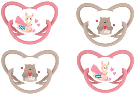 NIP Butterfly Spar-Set Schnuller Butterfly 4er Pack, Größe 1 (0-6 Monate) beige/rose, Extra flaches und weiches Saugteil aus Silikon, Kiefergerecht und Stillfreundlich