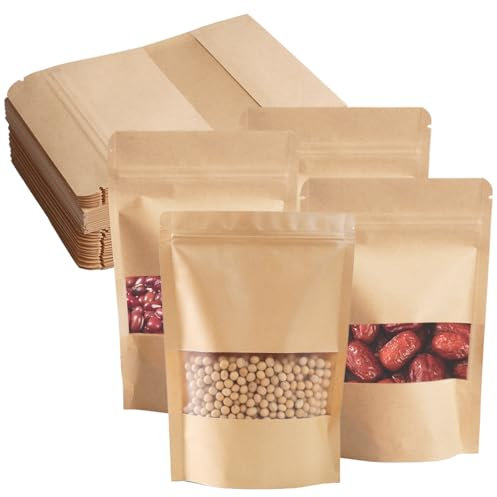 100 Pièces 15 x 10 cm Sac Papier Kraft avec Fenetre, Marron Sachet Kraft Alimentaire, Fermeture éclair Réutilisable Sac Papier Kraft, Utilisé pour Noix, Grains de Café, Thé, Bonbons, Snacks