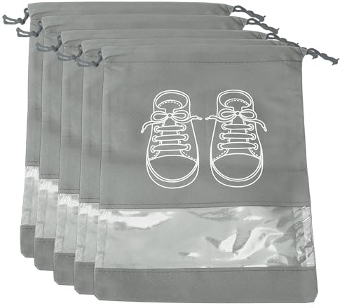 CAPASTEC 5 Stück Reiseschuhtaschen Mit Klarem Fenster, Staubdicht, Grau | Aus Vliesstoff Und PVC, Größe 26,5x36cm, Mit Zugband, Für Sneaker, Tanzschuhe, Reisegepäck