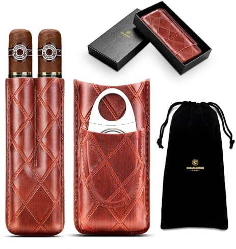 CLZOONG Zigarrenetui Leder Reise Humidor für 2 Röhren, Reise Zigarrenetui Tragbarer Zigarren Humidor Box mit Zigarrenschneider aus Edelstahl, Samttasche und Geschenkbox für Draußen, Braun