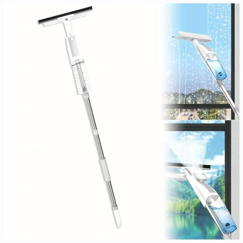 HJXBD888 3 en 1 Spray Limpiacristales con Poste Telescópico, Limpiacristales con 3 Paños Microfibra para Ventanas Altas Interiores/Exteriores