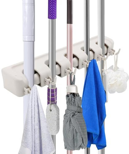 Broom Holder Wall Mounted with 5 Slots and 6 Hooks – Heavy Duty Brush Holder for Utility Room, Kitchen, Garage, Garden, Shower Storage & More (2 pcs)