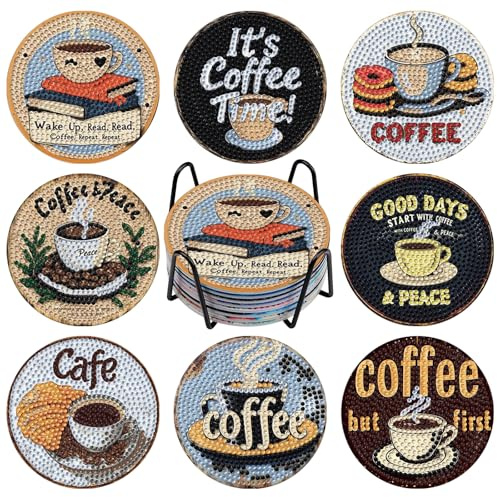 NAIMOER 8 Stück Kaffee Diamond Painting Untersetzer mit Halter, DIY Lowtea Diamant Tassenuntersetzer, Diamant Painting Untersetzer für Erwachsene Kinder, Getränke Basteln Coasters