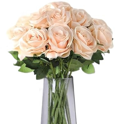 TILONKJ 12 Pièces Roses Artificielles à Longue Tige de 51 cm,Rose en Plastique d'un Réalisme Saisissant,Fleurs éternelles pour la Décoration,pour Bouquets de Mariée,Mariages,Jardins(Champagne)