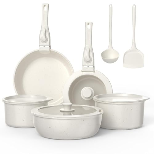 Batterie de Cuisine - Cookware Poêles et Casseroles Antiadhésives en Céramique Induction Tous Feux Lot de 13 Pièces, Poêle 20/26 CM, Sauteuse 26 CM, Casserole 18/20 CM avec Poignée Amovible Zyronem