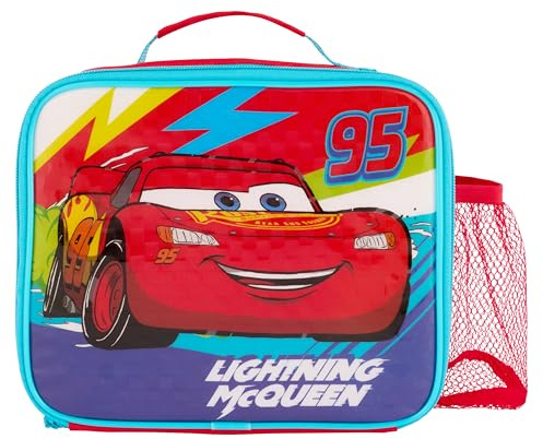 Disney Cars Lightning McQueen - Lonchera aislada con forro antibacteriano y bolsillo de malla para botellas, color rojo, para la escuela y viajes