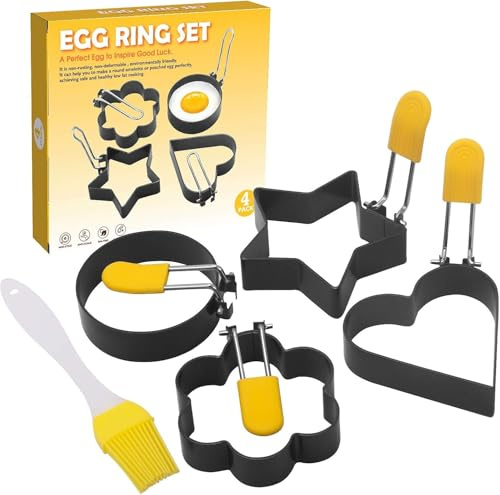 Pack of 4 Stainless Steel Egg Rings with Yellow Anti-scald Silicone Handle, Four Style Fried Egg Shaper Pancake Mold Ring with Oil Brush, Nonstick Egg Mold for Breakfast Sandwiches and Pancake
