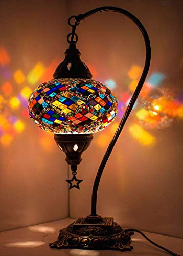 DEMMEX Turkish Moroccan Mosaic Table Lamp with Large Size Globe, Boho Exotic Colorful Mosaic Glass Bedside Desk Lamp Lampshade Light for Bedroom, Living Room, Entryway, Office, Handmade (Multicolor)