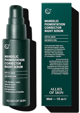 Allies of Skin Mandelic Pigmentation Corrector Night Serum: Mandelic, Lactic & Salicylic Acid, Hyaluronic Acid, Niacinamide, Bakuchiol, Rosehip & Tamanu Oils. Exfoliate Uneven Skin Tone 1oz / 30ml