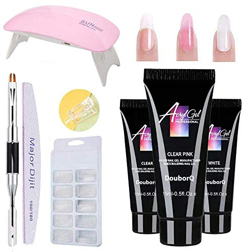 UV Gel Nail d'extension Kit, 3 Couleurs X 15ML Nail Gel Builder Set, lampe UV + 100pcs Vernis À Ongles Moules + Lime à Ongles + Pince à Ongles + Brosse, DIY Kit De Construction Rapide