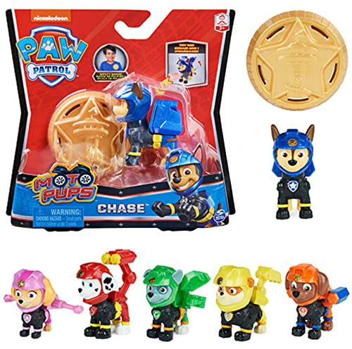 PAW PATROL Patrol Moto Pups Spielfiguren mit Abzeichen zum Anstecken, ab 3 Jahren, Hero Pups - Sortiment - Zufallsauswahl des Charakters - 1 Figur und 1 Abzeichen enthalten, Mehrfarbig